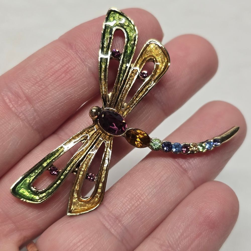 Monet Signed Dragonfly Multicolor Rhinestones Brooch Vintage Boho Summer Spring - Picture 2 of 9